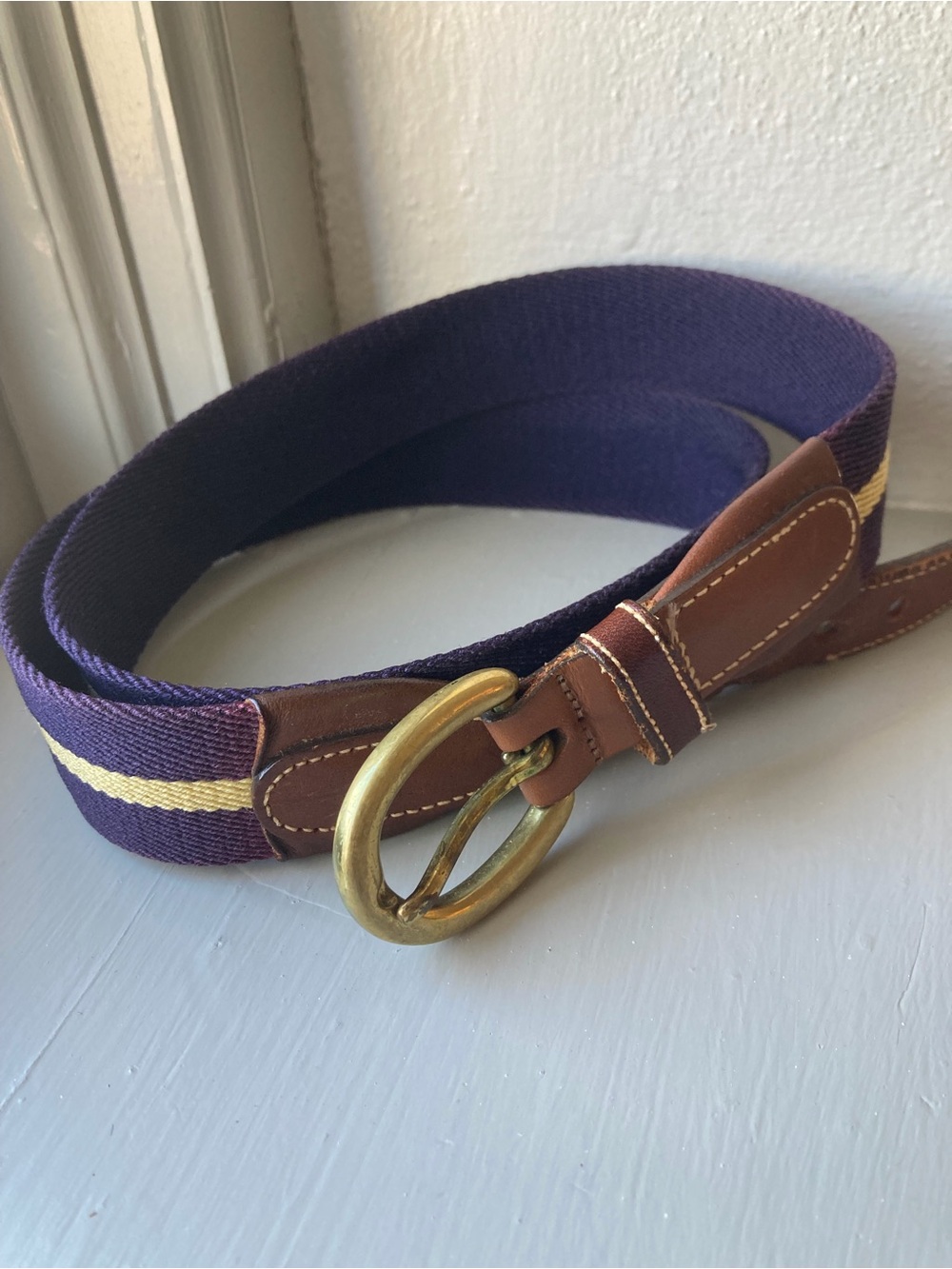 Men's Size 34 Surcingle Belt Purple Tan Striped Fabric Leather Brass